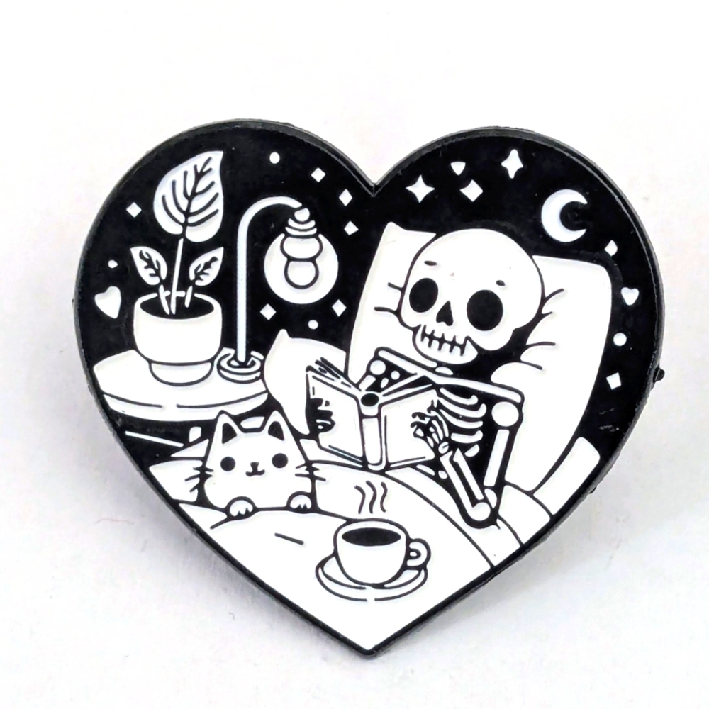 Reading Skeleton With Cat & Coffee Heart Enamel Pin